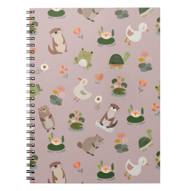 Pond Animals & Lily Pads on Light Gray-Pink Notebook (Front)
