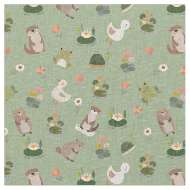 Pond Animals & Lily Pads on Light Green Fabric (Close Up)