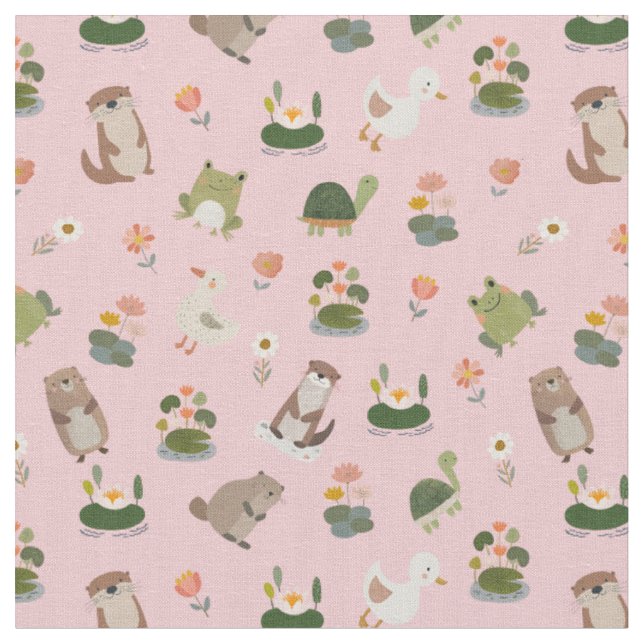 Pond Animals & Lily Pads on Light Pink Fabric (Close Up)