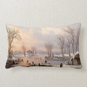 Pond Ice Skating Winter Snow Country Throw Pillow
