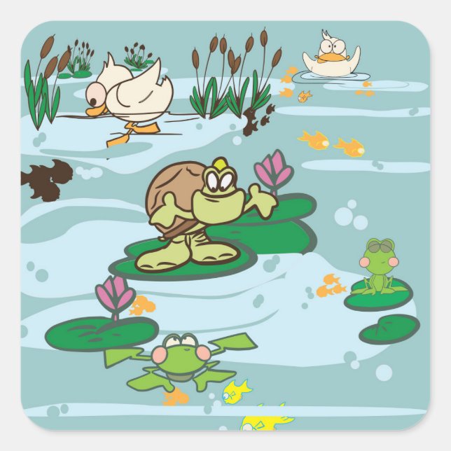 Pond scene with cartoon Turtle, duck,fish and frog Square Sticker (Front)