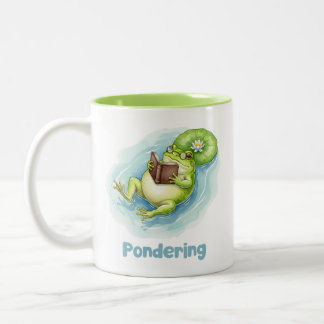 Pondering Frog Reading Book Two-Tone Coffee Mug
