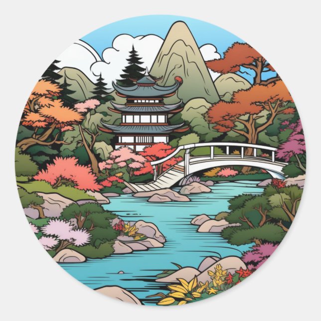 Pondside Serenity: Temple and Bridge Sticker (Front)