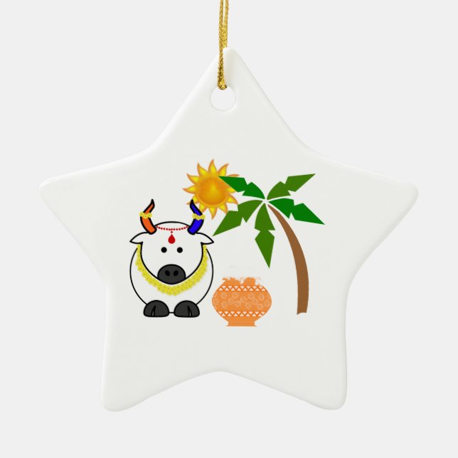 Pongal Pot, Cow, and Tree Ceramic Ornament (Front)