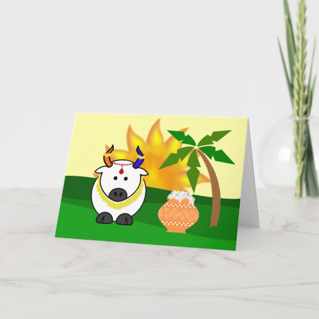 Pongal Pot, Cow, and Tree Greeting Card (Front)