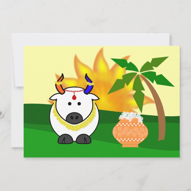 Pongal Pot, Cow, and Tree Invitation (Back)