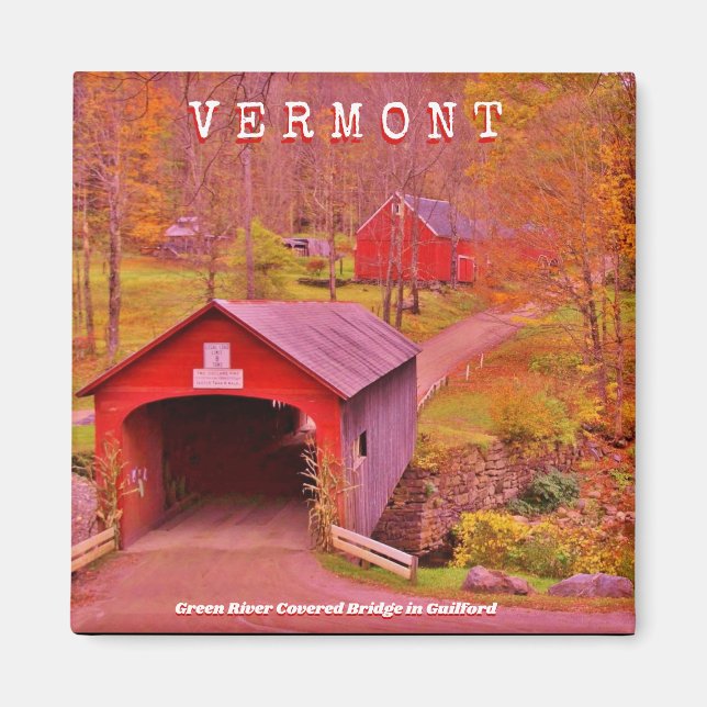 Pont couvert du Vermont - Aimant Carré de 2 pouces (Devant)