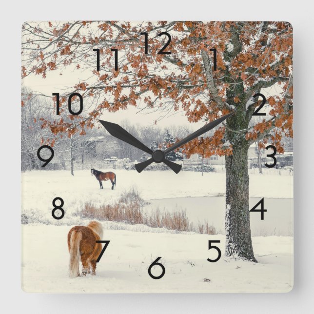 Pony and Horse In Snow By a Lake Clock (Front)