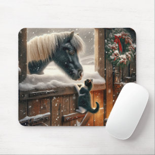 Pony and Kitten In Christmas Barn Mouse Pad