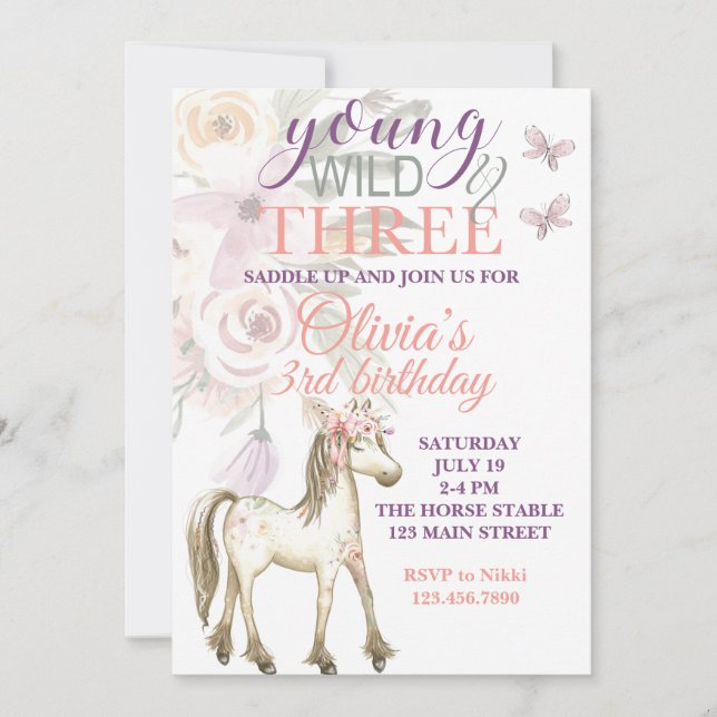 Pony anniversaire invitation jeune sauvage et troi (Devant)