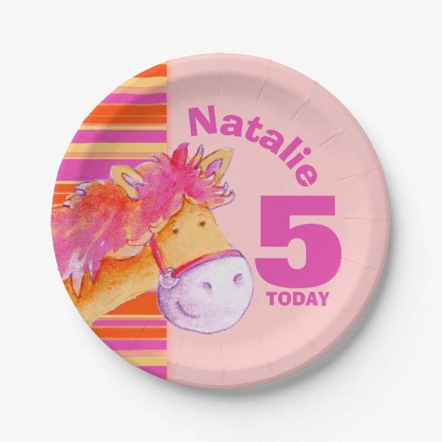 Pony art 5th birthday girls customized plate (Front)