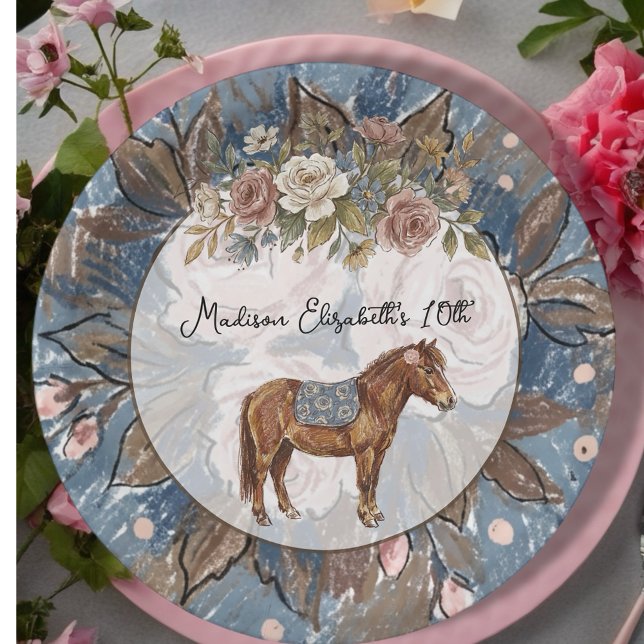 Pony Birthday  Paper Plate ( This charming theme combines the elegance of French country décor with whimsical pony illustrations)