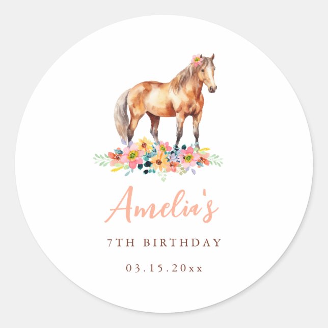 Pony Birthday Party Floral Horse Sticker rose (Devant)