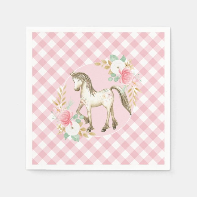 Pony floral and plaid Birthday Party napkins (Front)