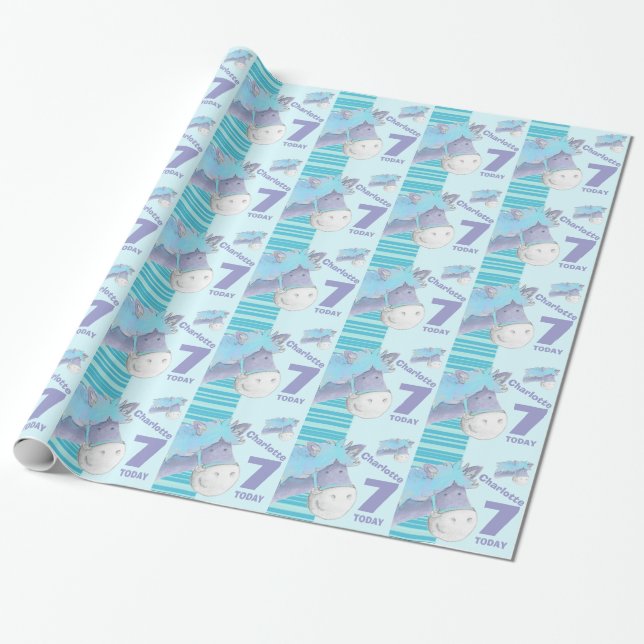 Pony horse kids 7th birthday blue stripe wrap wrapping paper (Unrolled)