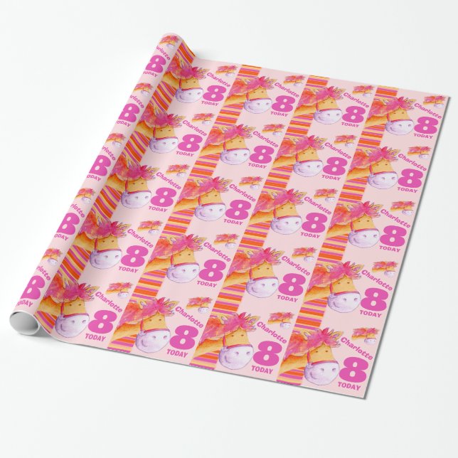 Pony kids 8th birthday stripe wrapping wrapping paper (Unrolled)