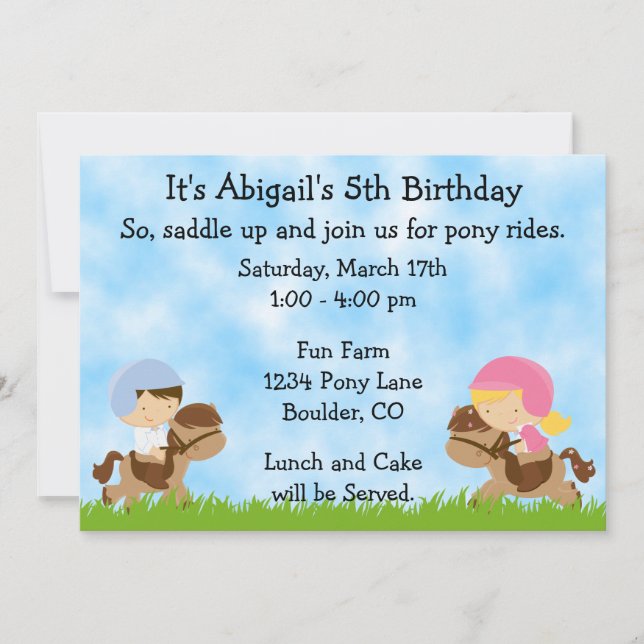 Pony Party Anniversaire Invitations pour filles et (Devant)