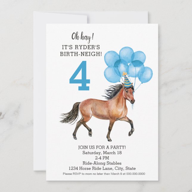 Pony Ride Blue Birthday Party // Horse Birth-neigh Invitation (Front)