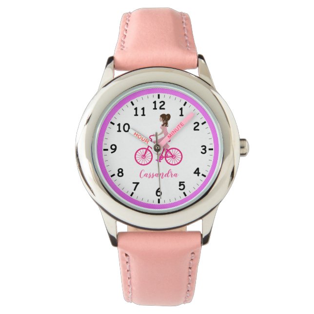 Pony-tailed Young Girl Riding a Pink Bicycle Watch (Front)