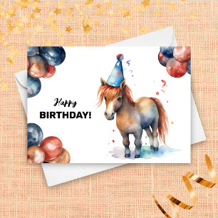 Pony with Balloons and Party Hat Cute Birthday Card