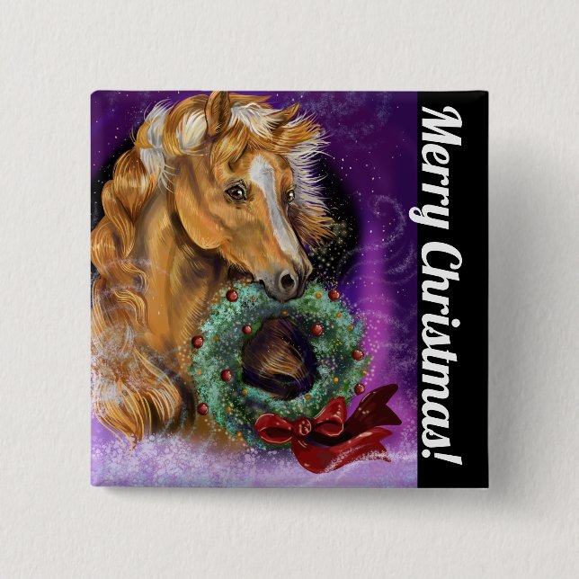 Pony with Christmas Wreath 2 Inch Square Button (Front)