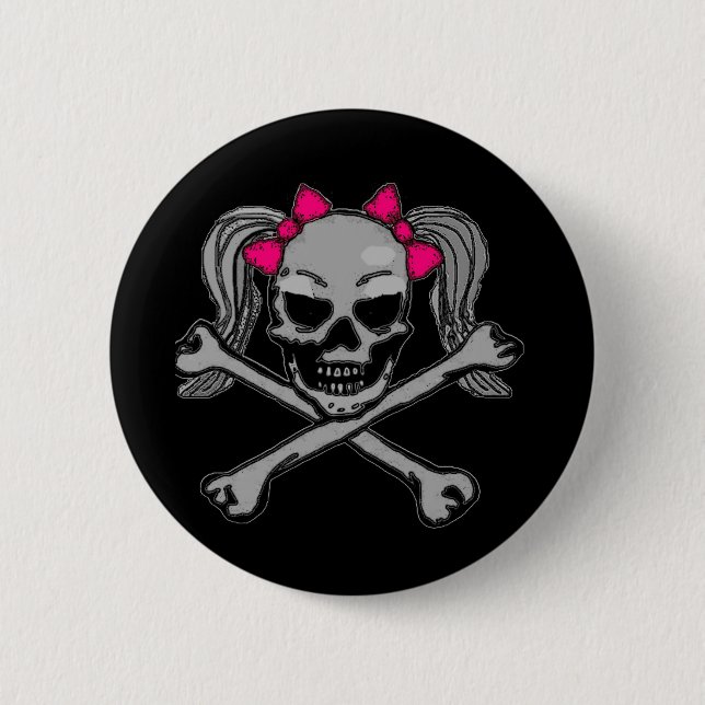 Ponytail skull w/ pink bows 2 inch round button (Front)