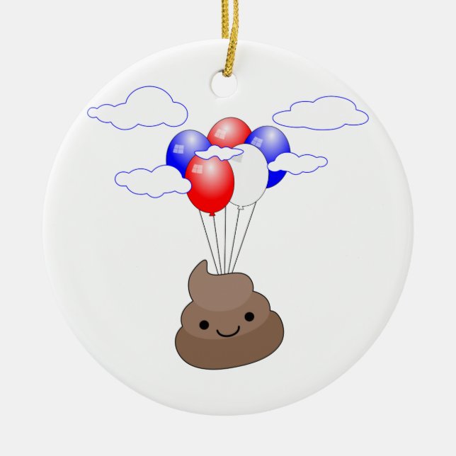 Poo Emoji Flying With Balloons Ceramic Ornament (Front)