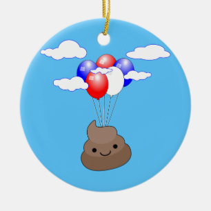 Poo Emoji Flying With Balloons In Blue Sky Ceramic Ornament