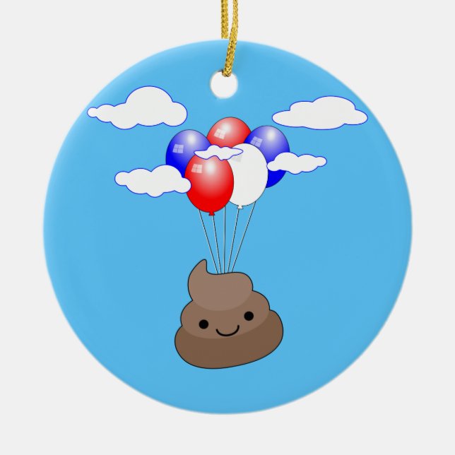 Poo Emoji Flying With Balloons In Blue Sky Ceramic Ornament (Front)