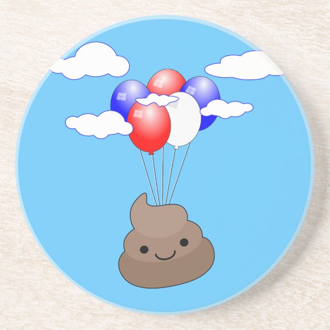 Poo Emoji Flying With Balloons In Blue Sky Coaster (Front)