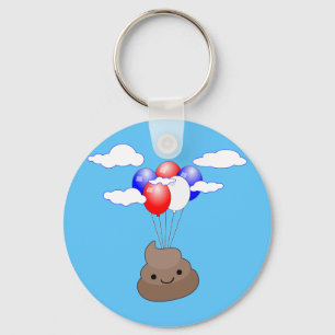 Poo Emoji Flying With Balloons In Blue Sky Keychain