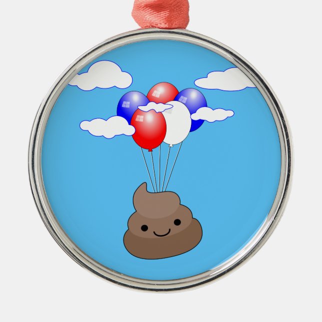 Poo Emoji Flying With Balloons In Blue Sky Metal Ornament (Front)