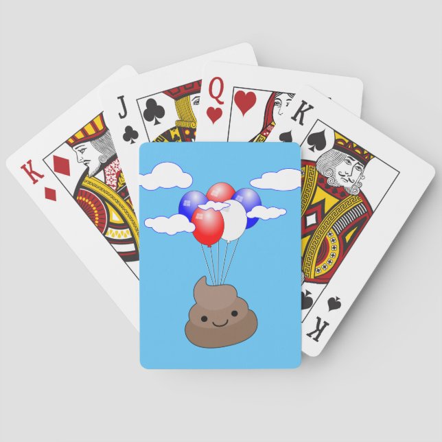 Poo Emoji Flying With Balloons In Blue Sky Playing Cards (Back)