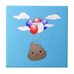 Poo Emoji Flying With Balloons In Blue Sky Tile