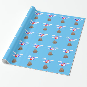 Poo Emoji Flying With Balloons In Blue Sky Wrapping Paper