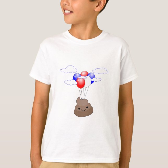 Poo Emoji Flying With Balloons T-Shirt (Front)