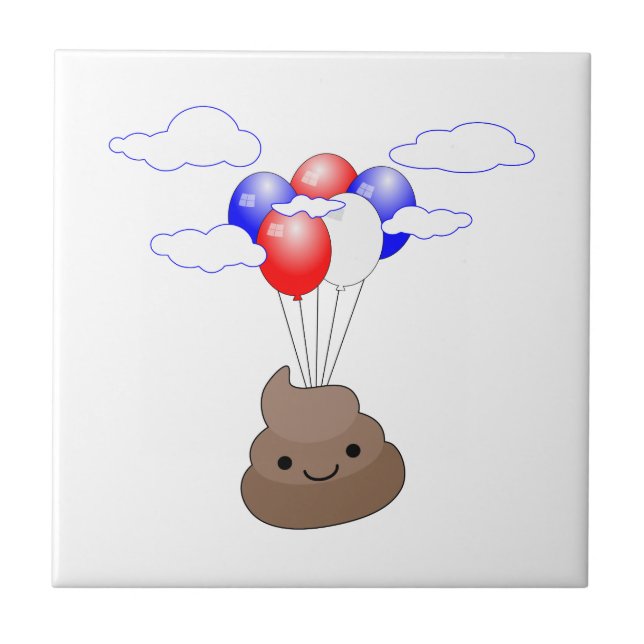 Poo Emoji Flying With Balloons Tile (Front)