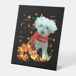 Poochon Fall Scarf - Dogs Autumn Leaves Pedestal Sign