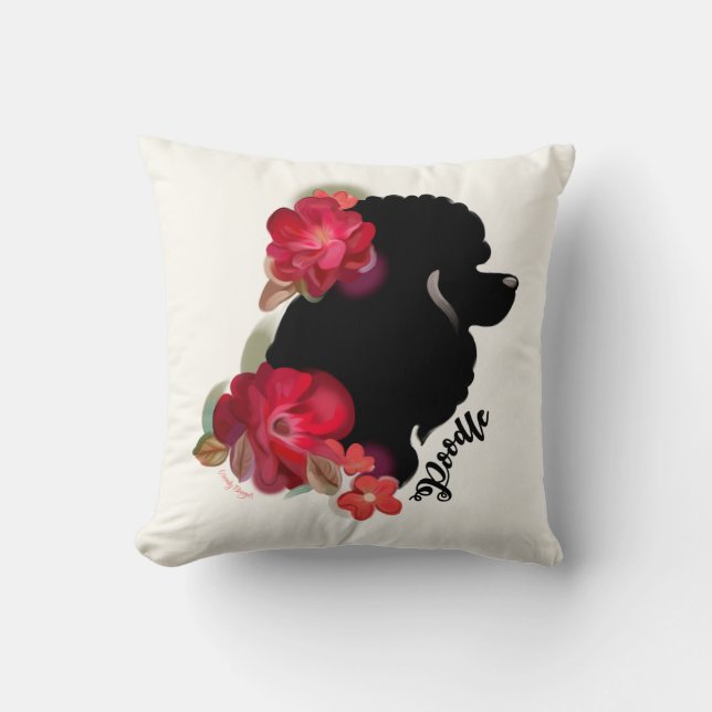Poodle art pillow | red floral silhouette dog art (Front)