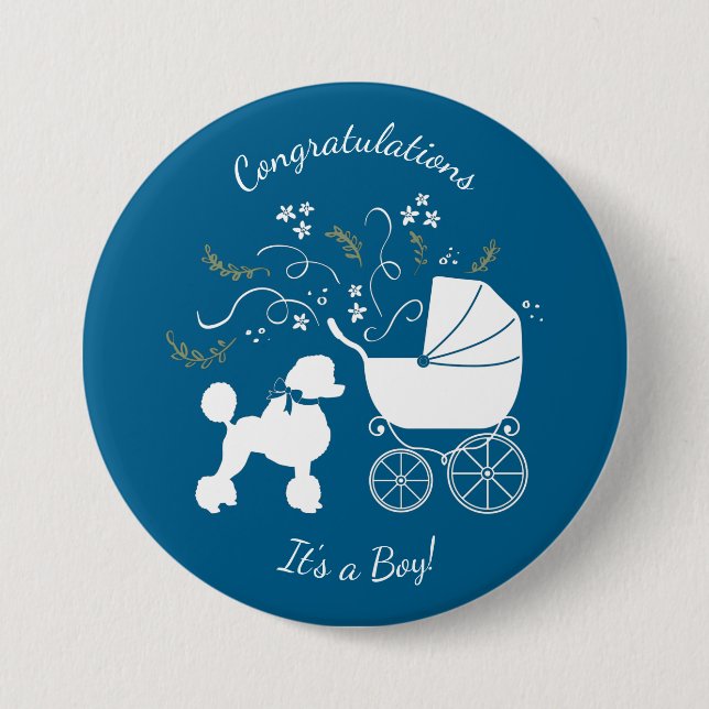 Poodle Baby Shower Blue 3 Inch Round Button (Front)