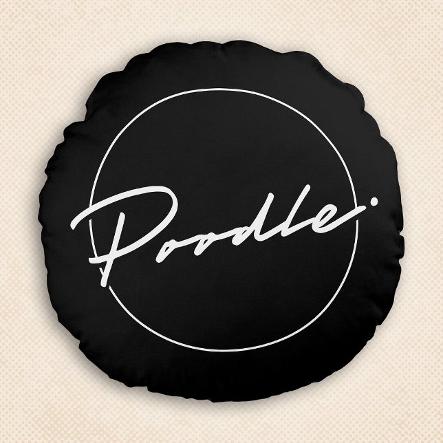Poodle Chic Fancy Script Elegant Black Round Throw Pillow (Poodle Chic & Fancy Script Black Round Pillow)
