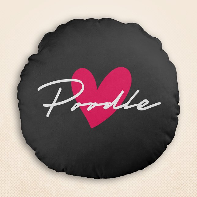 Poodle Chic & Fancy Script Grey w/ Pink Heart Round Pillow (Poodle Chic & Fancy Script Grey w/ Pink Heart Round Pillow)