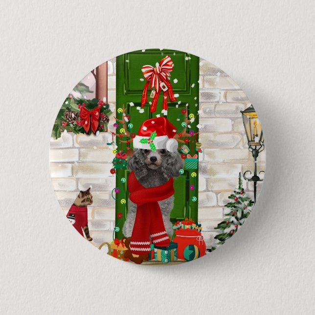 Poodle Christmas 2 Inch Round Button (Front)