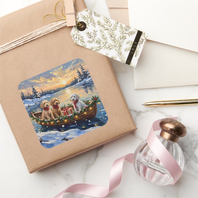 Poodle Christmas Boat Holiday Square Sticker (Gifting)