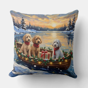 Poodle Christmas Boat Holiday Throw Pillow