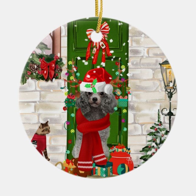 Poodle Christmas Ceramic Ornament (Front)