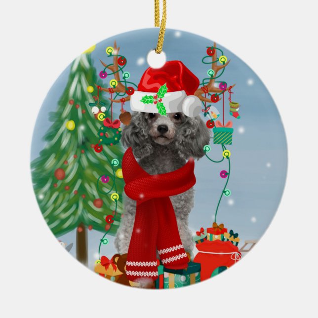 Poodle Christmas Ceramic Ornament (Front)