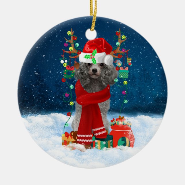 Poodle Christmas Ceramic Ornament (Front)