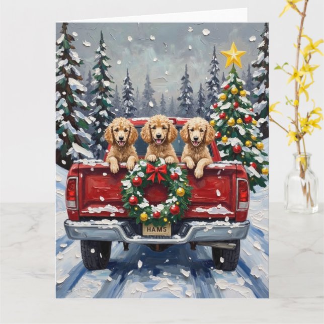 Poodle Christmas Red Truck Holiday Card (Yellow Flower)