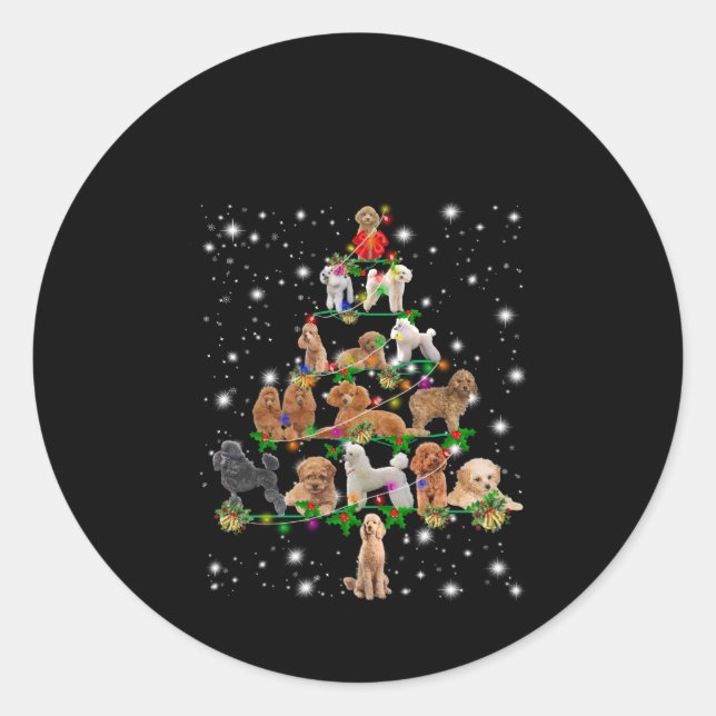 Poodle Christmas Tree Covered By Flashlight Classic Round Sticker (Front)
